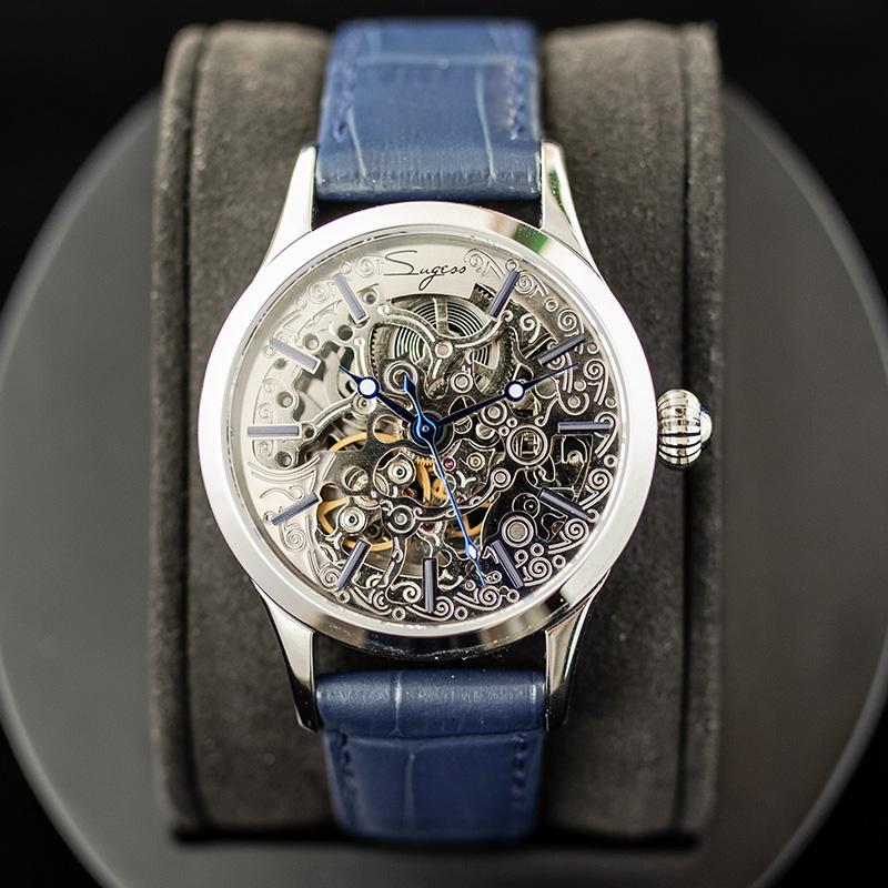 

Wristwatches Sugess Skeleton Women Watch Seagull ST16 Automatic Movement Mechanical Diamond Fashion Ladies Wristwatch Leather Luxury, Blue band