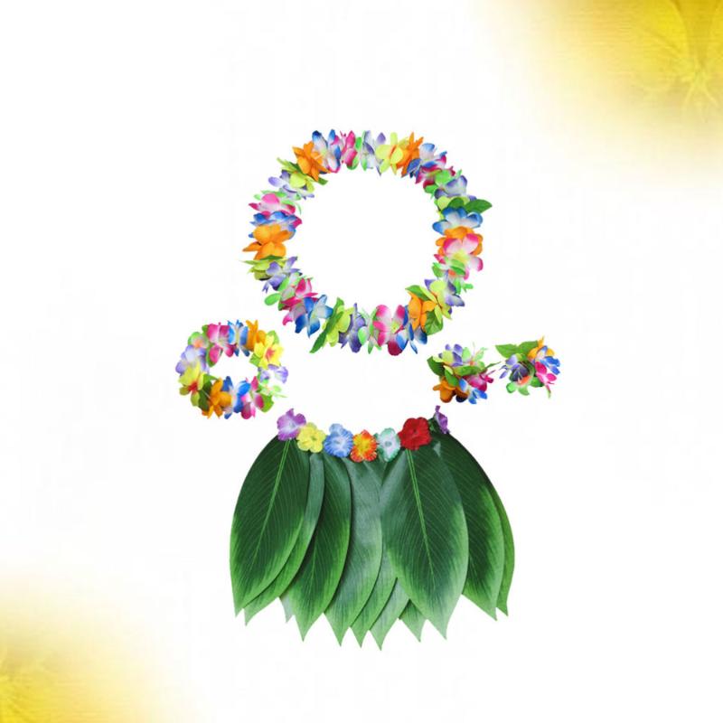 

5pcs in 1 Set Colorful Hawaiian Party Thicken Garland Leis Costume Set Lifelike Artificial Leaf Skirt Bracelet Neck Loop Headban, Blue