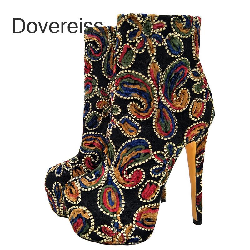 

Boots Dovereiss Fashion Women's Shoes Winter Sexy Stilettos Heels Retro Platform Round Toe Embroidery Zipper Mature Ankle 42 43, Black