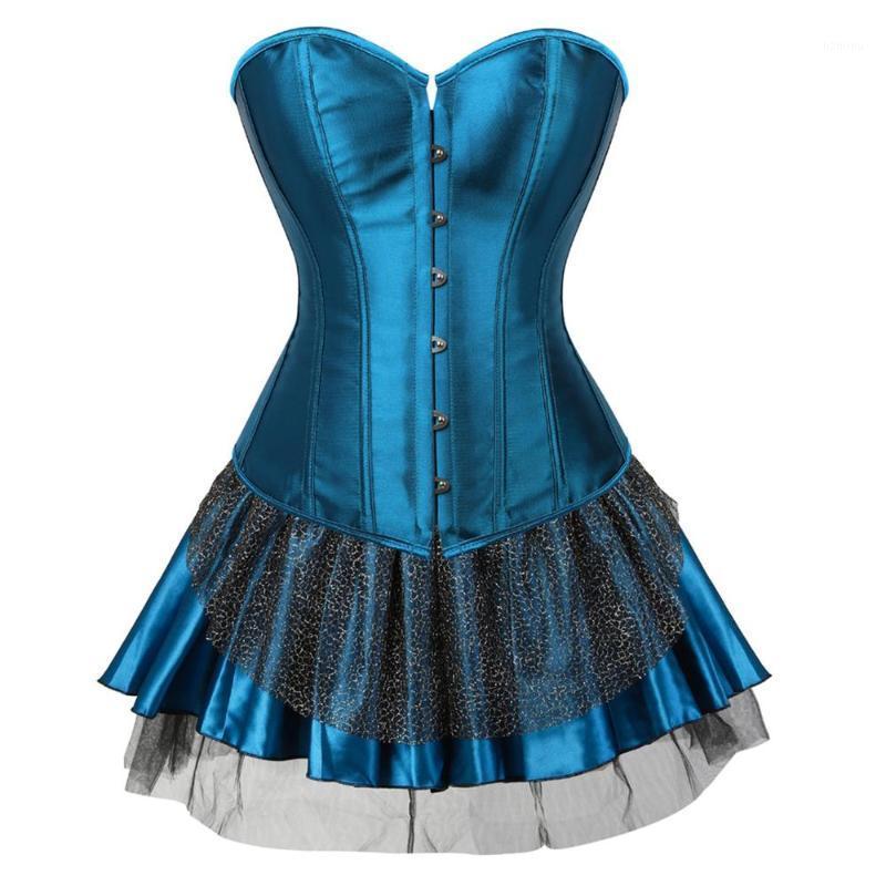 

Bustiers & Corsets Gothic Corset Skirt Steampunk Tight Lace Satin Boned Cosplay Peacock Feather Party Dresses Korsage Sexy For Women, Sky blue
