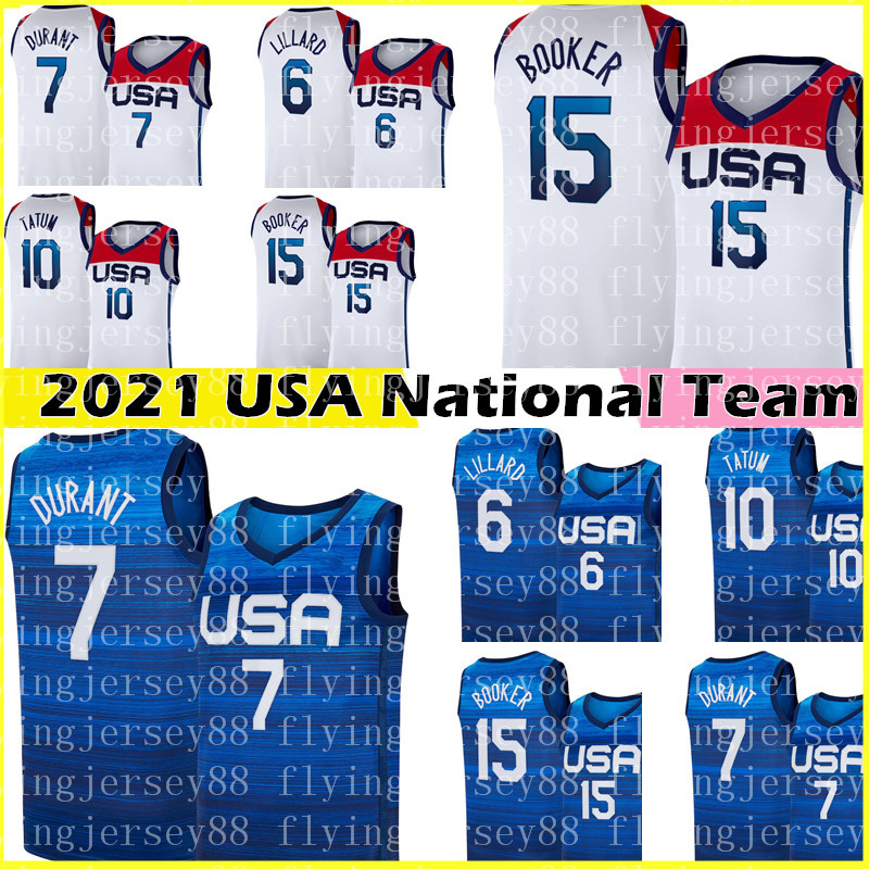 

2021 Kevin 7 Durant Devin 15 Booker Jersey Damian 6 Lillard Jayson 10 Tatum Basketball Jerseys Team USA Tokyo Summer Olympics WHITE Blue