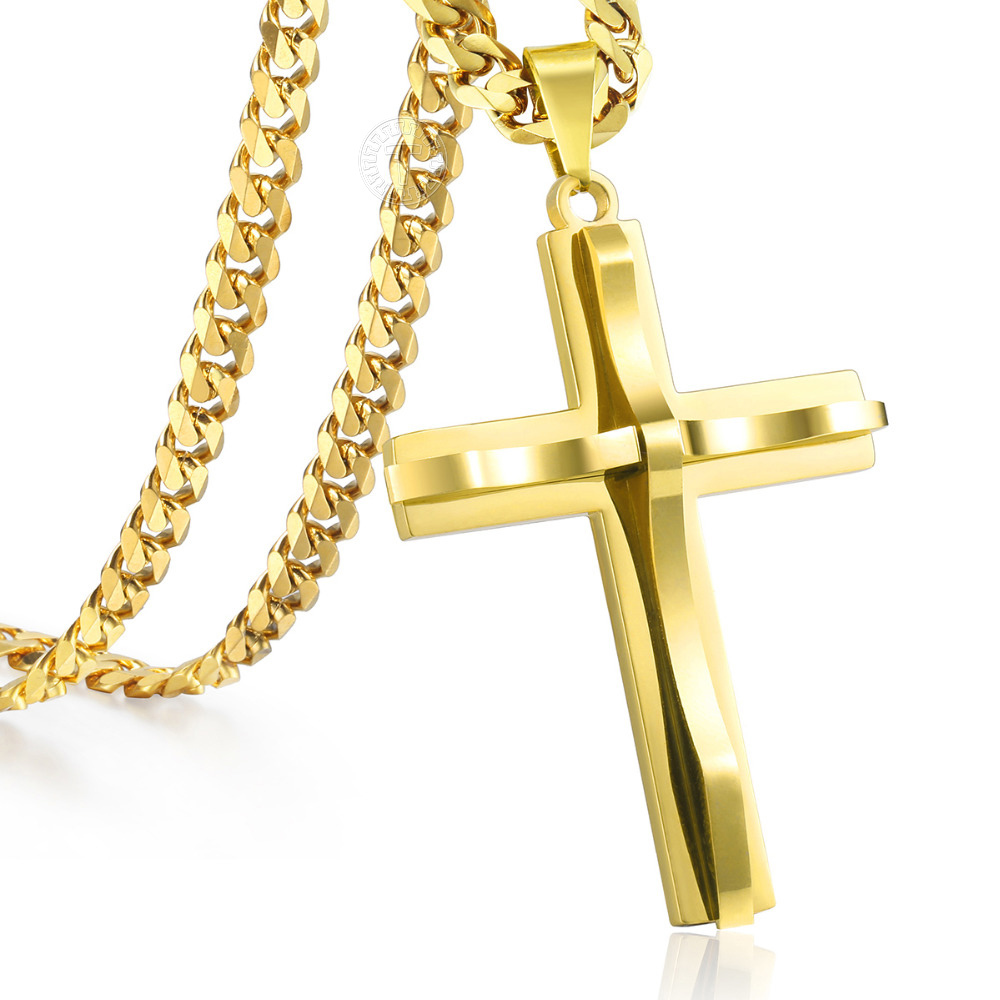 

Davieslee Mens Chain Curved Cross Pendant Necklace Stainless Steel Curb Cuban Link Black Gold Silver Color 18-36inch LKPM137