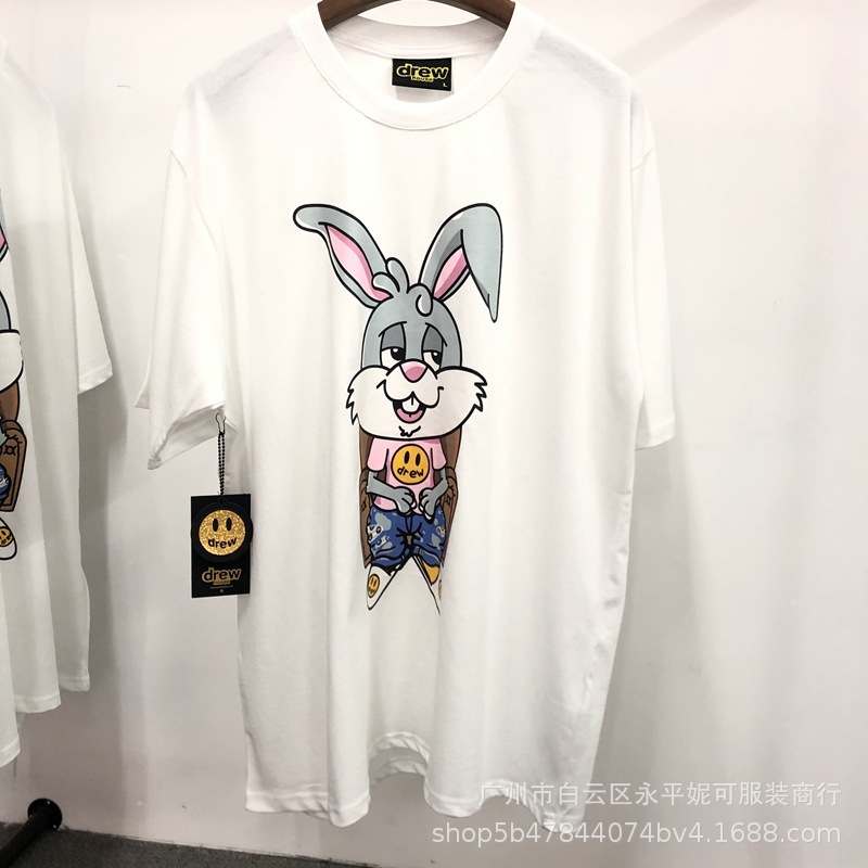 

American tide drew short sleeve Street sky rabbit smiling face fashion couple loose round neck men's T-shirt 6E6S, White;black