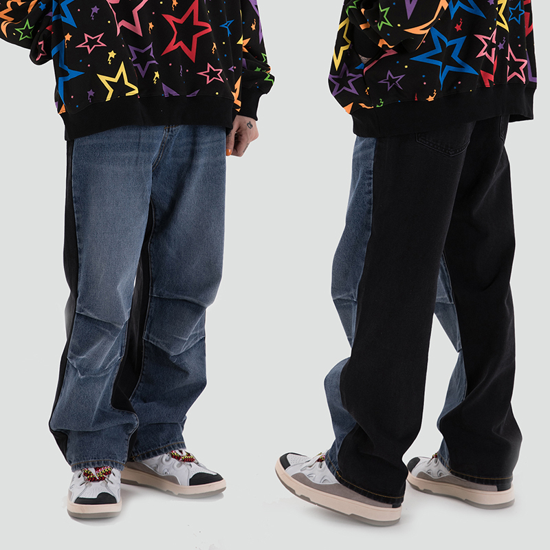 

2021 New High Street Color Match Desgastado Lavado De Brim Masculino e Feminino Em Linha Reta Retro Harajuku Casual Denim Calas Soltas Pp43, Blue