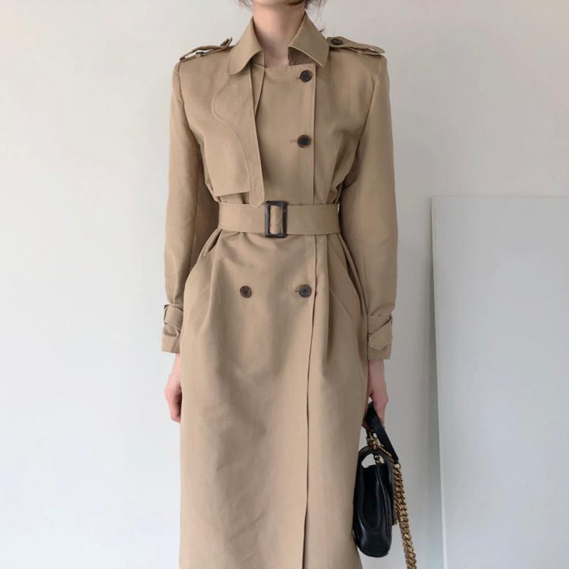 

Women's Trench Coats Women Casual Solid Color Double Breasted Outwear Sashes Office Long Trend Coat Epaulet Design Vintage Sleeve Windbreake, Tan;black