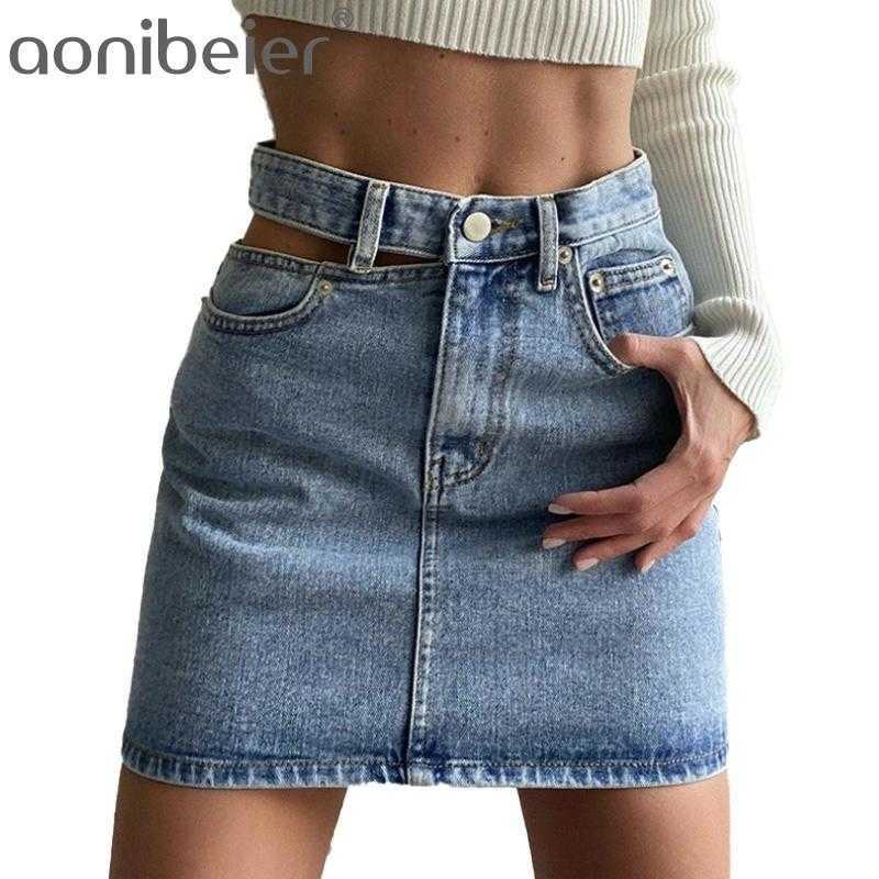 

Summer Fashion High Waist Skirts Pockets Cut Out Denim Female All-matched Casual Jeans Outwear 210604, Blue