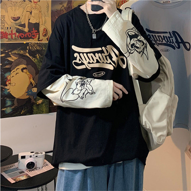 

2021 New Japo Preto Hip Hop T-shirts Homens Mulheres Outono Casal Manga Longa Solta Oversized Topos Masculinos Casual Solto Retalhos Tshirt