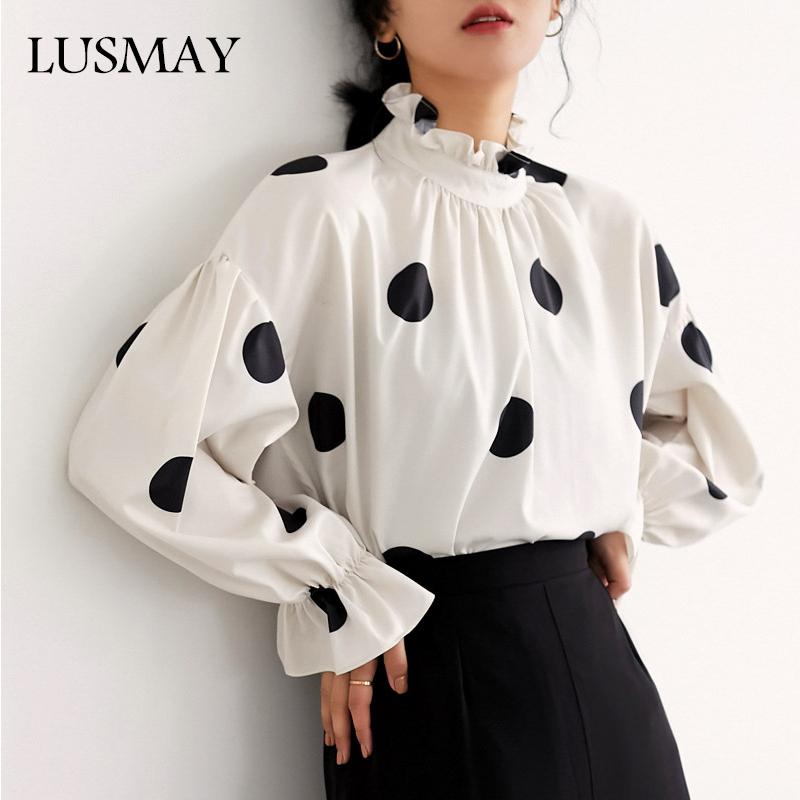 

Women' Blouses & Shirts Womens White Polka Dot 2021 Casual Loose Tops And Long Ruffles Sleeve Streetwear Buttons Blouse Chiffon Shirt