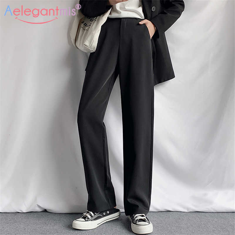 

Aelegantmis Spring Black Office Lady Wide Leg Pants Women Loose Elastic High Waist Trousers Female Casual Straight Long OL 210607