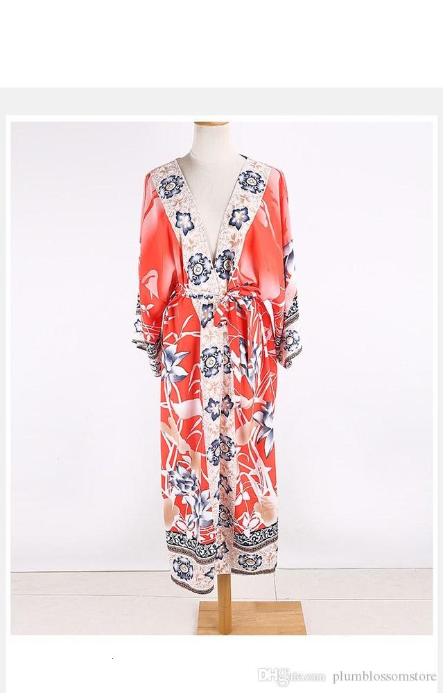 Women Floral Print Bohemian Long Kimono Cardigan Blouses Sashes Boho Tops Flare Sleeve Casual Beach Holiday Maxi Blouses Shirts Cover-Ups