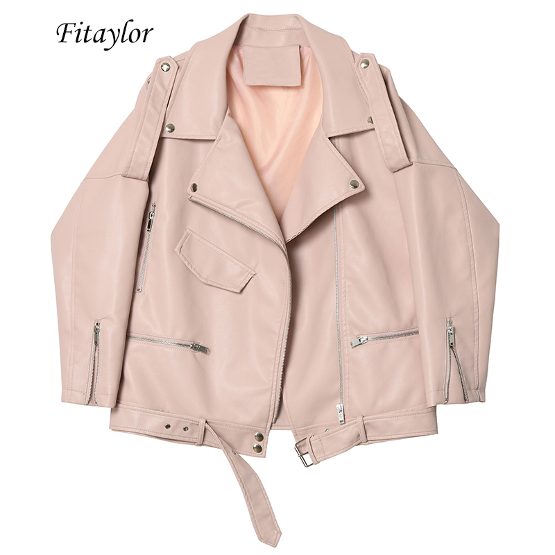 

Fitaylor Autumn Women Faux Soft Leather Loose Jacket Coat Turndown Collar Zipper Pu Motorcycle Overcoat Female Rivet Punk, Pink