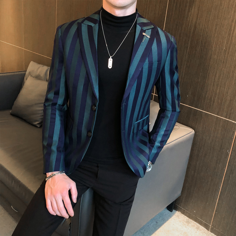 

2021 New Pattern Striped Mens Slim Fit Vintage Suit Jacket Men Stylish Blazer Chaquetas De Vestir Qim7, Navy blue
