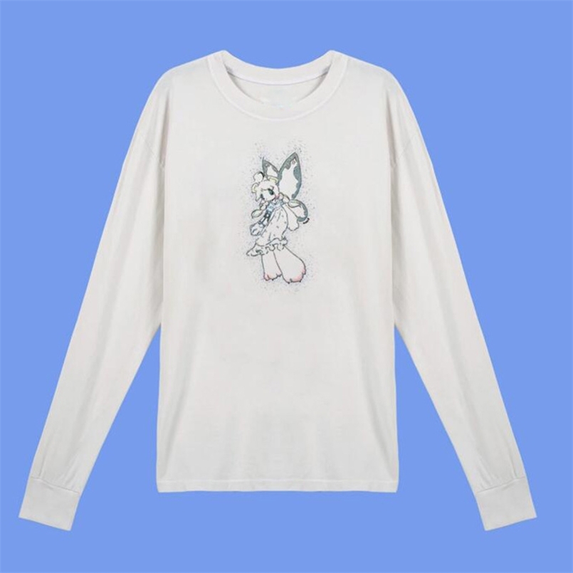 

Y2k Summer Autumn Longsleeve Loose Causal Women Tops Print Shine Angel Goth Shirt Cotton White Long Sleeve Femme Top Mujer 210708, Ivory