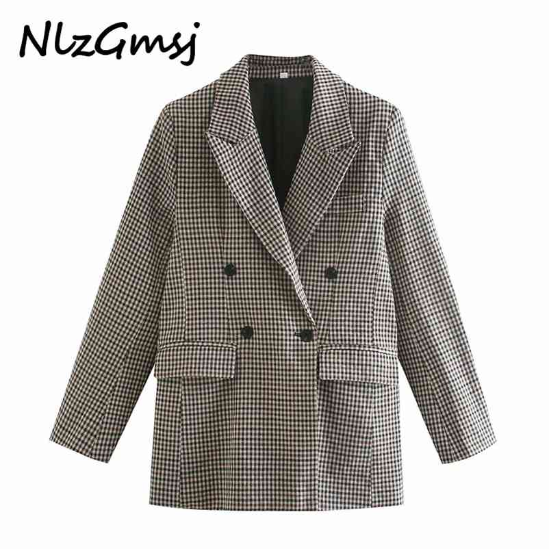

Nlzgmsj Women Vintage Plaid Print Double Breasted Blazer Coat Office Ladies Long Sleeve Outwear Suits Autumn Business Tops 210628, As picture