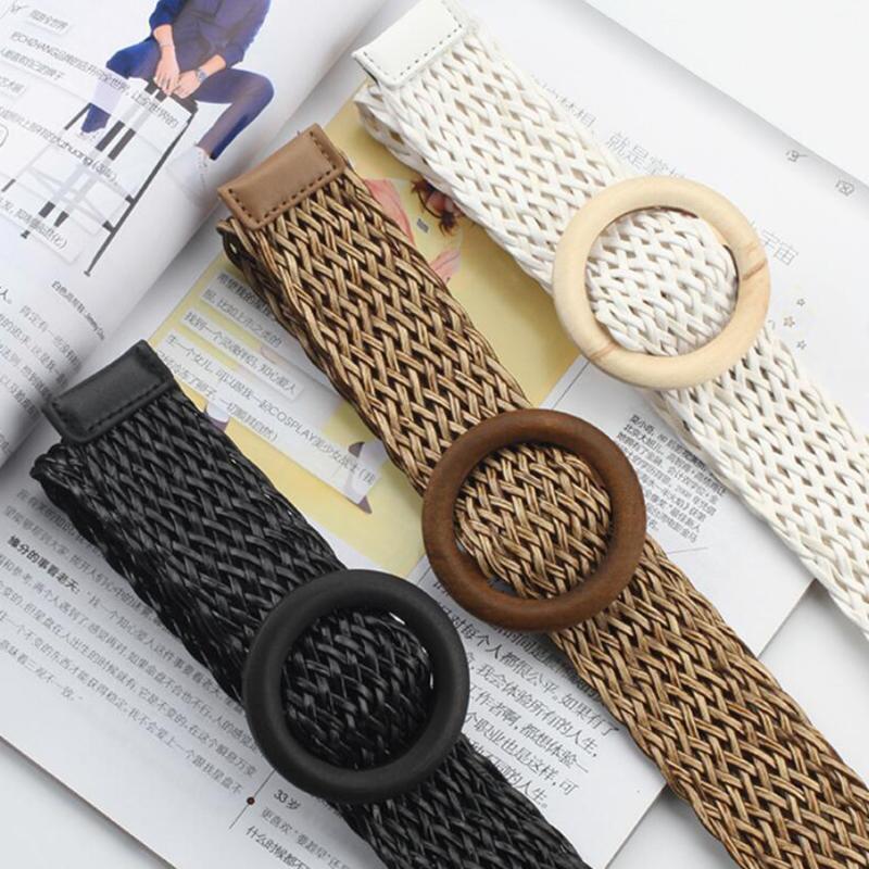 

Belts Women Bohemian Elastic Braided Belt Fashion Female Summer Dress Jeans Wide Black Straw Designer Wood Buckle Boho