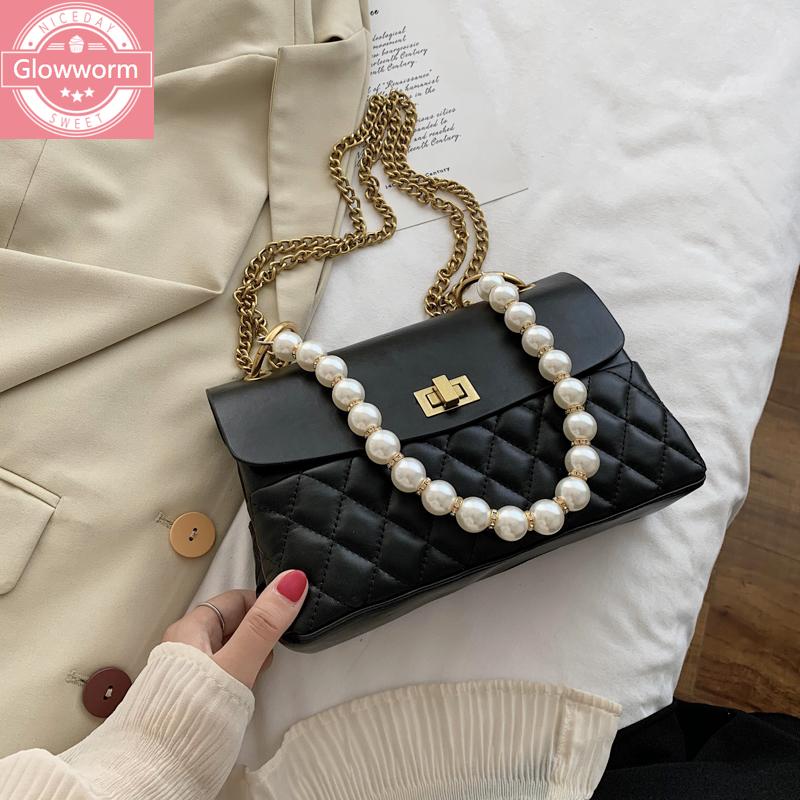 

Fashion shoulder bag ladies shopping bag linge chain summer new handbag pearl chain handbag lady crossbody, Beige