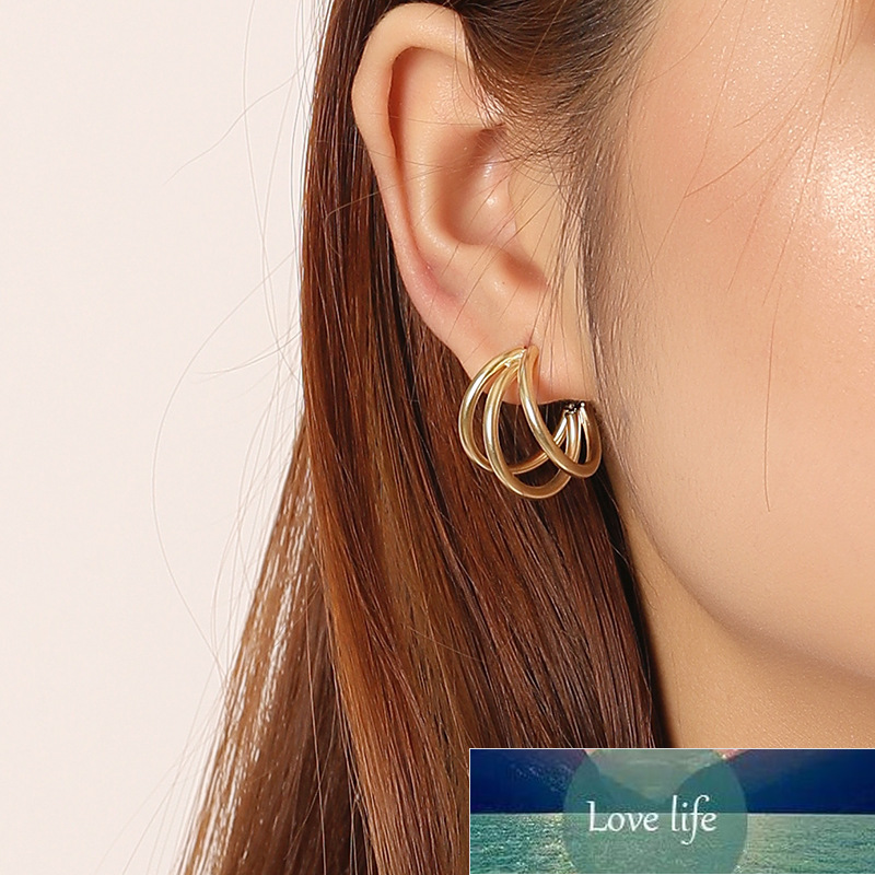 

S925 Sterling Perak Ring Anting-Anting Berlapis Emas Geometris Multi Layer Fashion Temperamen Hoop Wanita