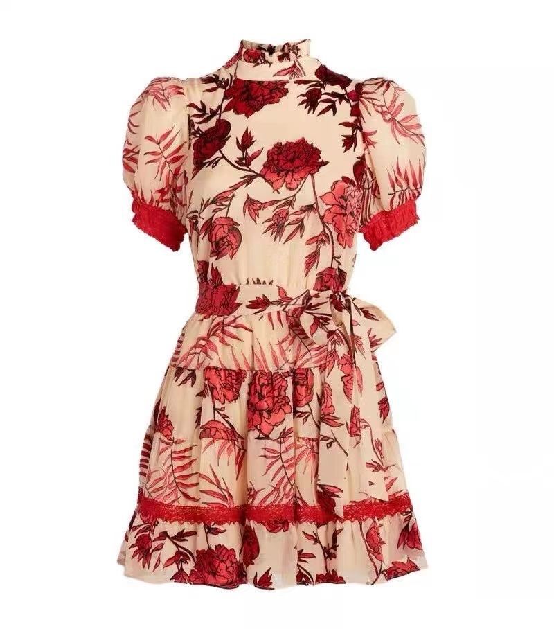 

Designer Sexy Women Runway Dresses Short Sleeve Stand Collar Flora Printed Dresses Female Mini Ruffles Milan Party Dresses E53, Black