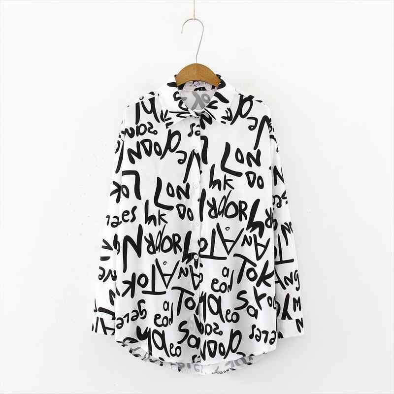 

letter printing women man blouse couple blouses streetwear summer turn down collar long sleeve shirts blusas mujer, White