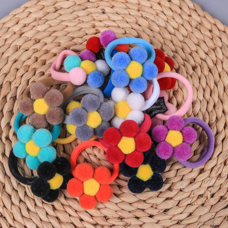 

Hair Accessories 5CM Colorful Fur Ball With Elastic Rope Handmade Floral Band For Kids Flower Scrunchie Girls