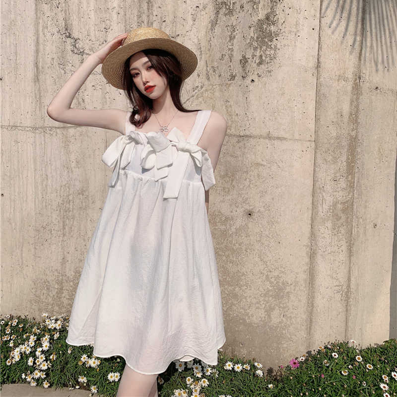 Two Piece Dress Spaghetti Strap Summer Mini Women Bows Loose Casual Solid A-Line Party White Sexy Sleeveless Beach 2021 Z407 WYFZ-image-701628472