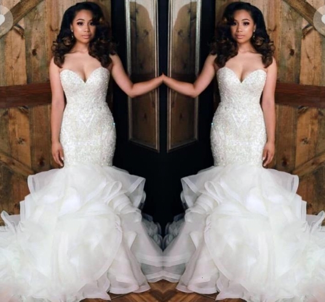 

2021 African New Strapless Organza Mermaid Es Beaded Applique Top Layer Ruffles Floor Length Bridal Wedding Gowns 8dhz, Ivory
