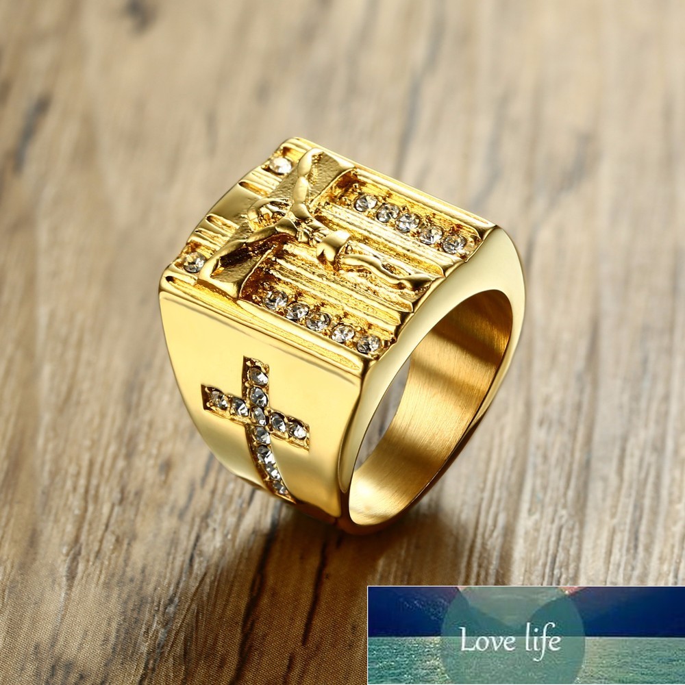 

Prayer Jesus Cross White Cubic Zirconia Rings for Men Gold Tone Stainless Steel Crucifix CZ Band Male Jewelry Factory price expert design Quality Latest Style