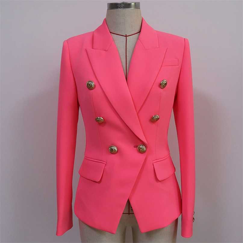 

HIGH QUANLITY Classic Designer Blazer Women's Slim Fitting Metal Lion Buttons Double Breasted Jacket Orange Pink 211019