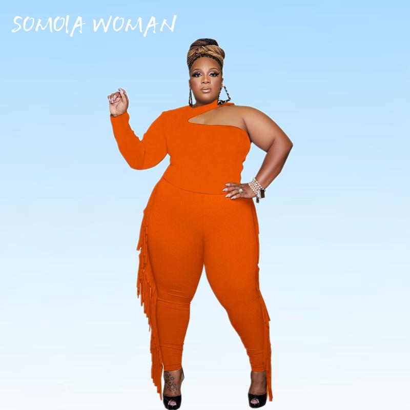 

Plus Size Tracksuits Women Clothing Sexy Halter One Shoulder Tops And Tassels Trouser Two Piece Set Long Sleeve Tights Outfit Wholesale, Black