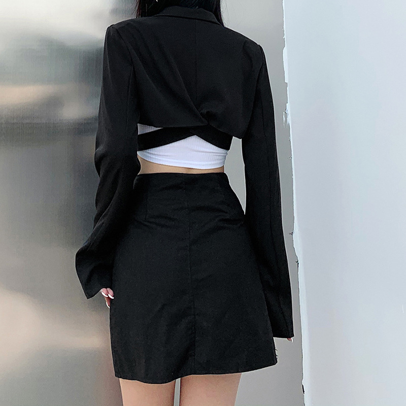 

Fashion Polo Neck Long Sleeve Solid Color Suit Jacket Women Hollow Out Splice Button Slim Coat Female Y2K Streetwear, White