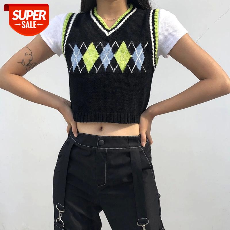 

Argyle Plaid Knitted Tank Top Female Streetwear Preppy Style Clothes Stripe VNeck Cropped Knitwear 90s Sweater Vest #uW5Q, White