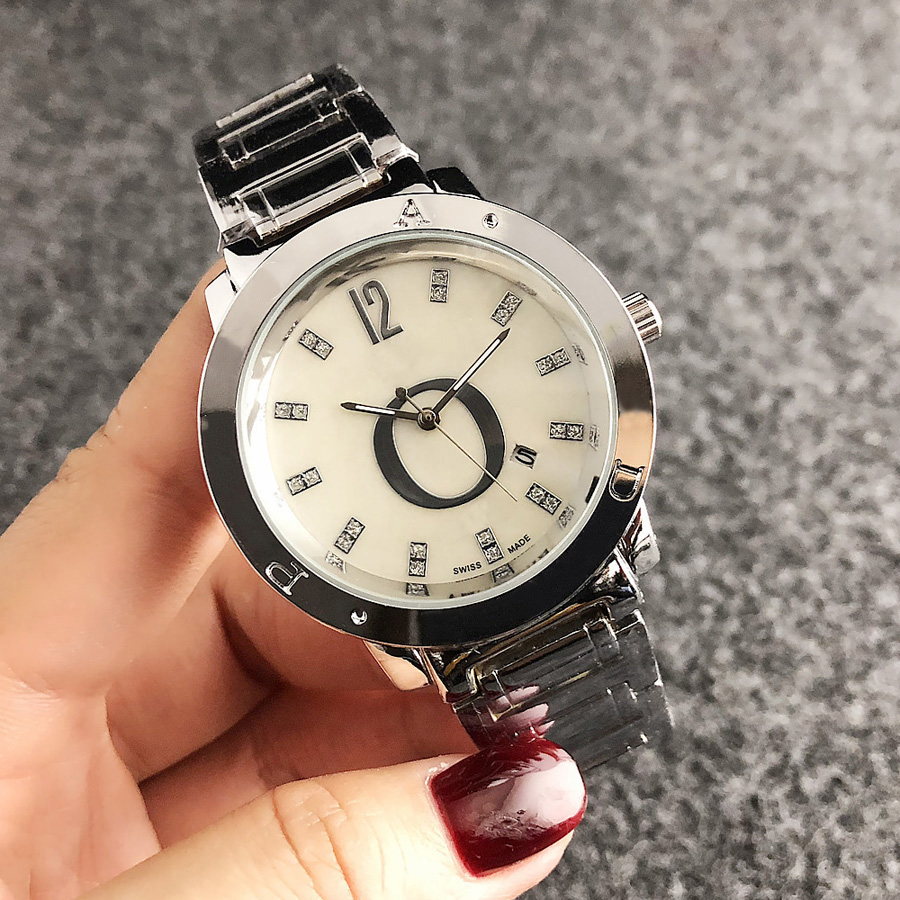 

Brand Watch Women Girl Lady Big Letters Crystal Style Metal Steel Band Quartz Wrist Watches P57, Gold silver