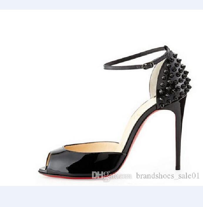 

Top Quality Women High Heels Pointed Toe Peep-toe Pumps Party Wedding Shoes Lady Stiletto High Heel Pump Patent Leather Rivets Semelle Roug, Black