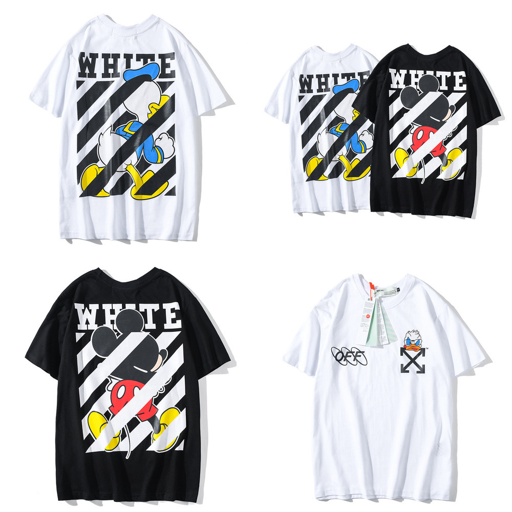 

Off Tide Brand White Cartoon Character Printing Short Sleeve Spring and Summer Lovers Student Pure Cotton T-shirt, White;black
