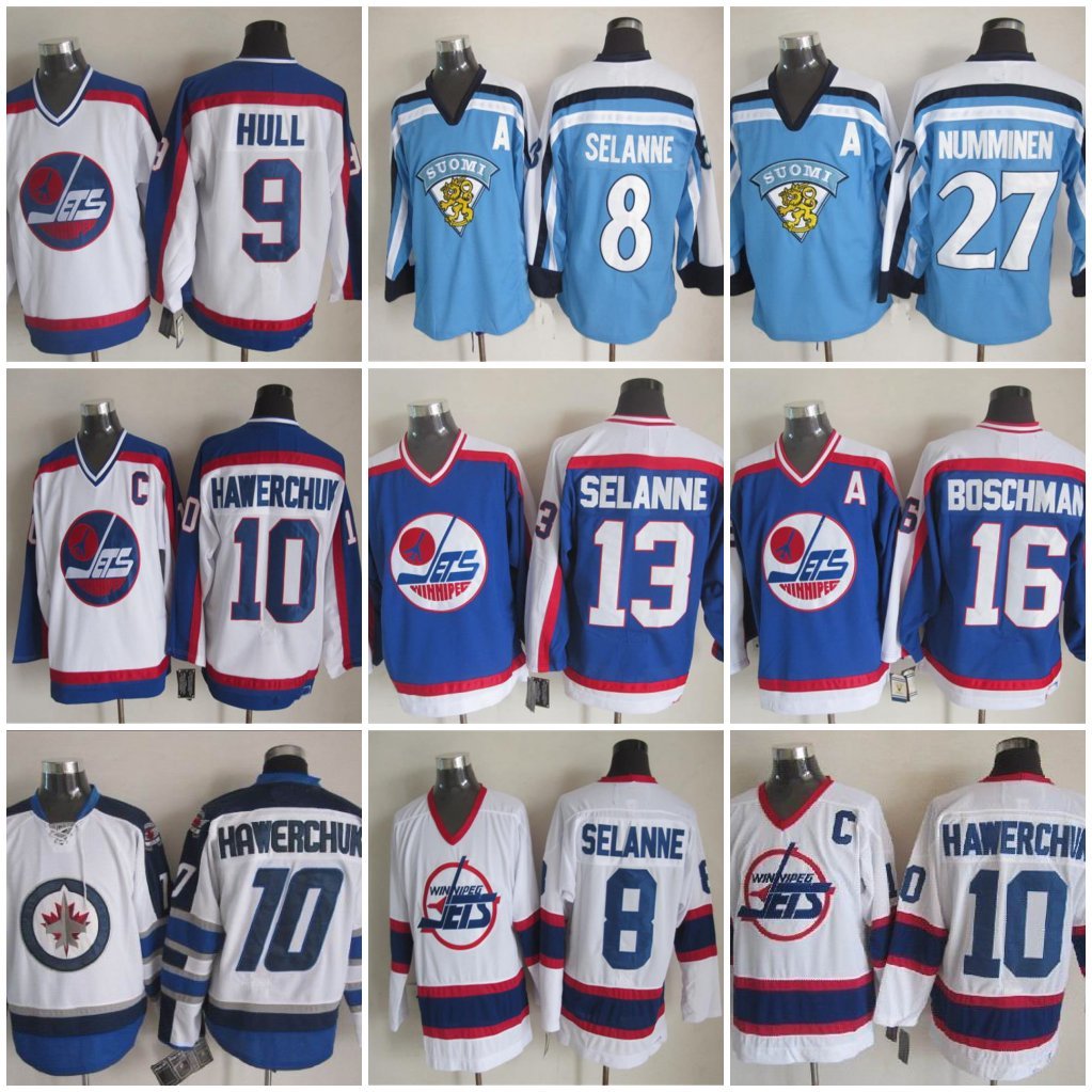 

Winnipeg Jets Jersey 8 Teemu Selanne 9 Bobby Hull 10 Dale Hawerchuk 13 Teemu Selanne 16 Laurie Boschman 27 Teppo Numminen Hockey Jerseys, As