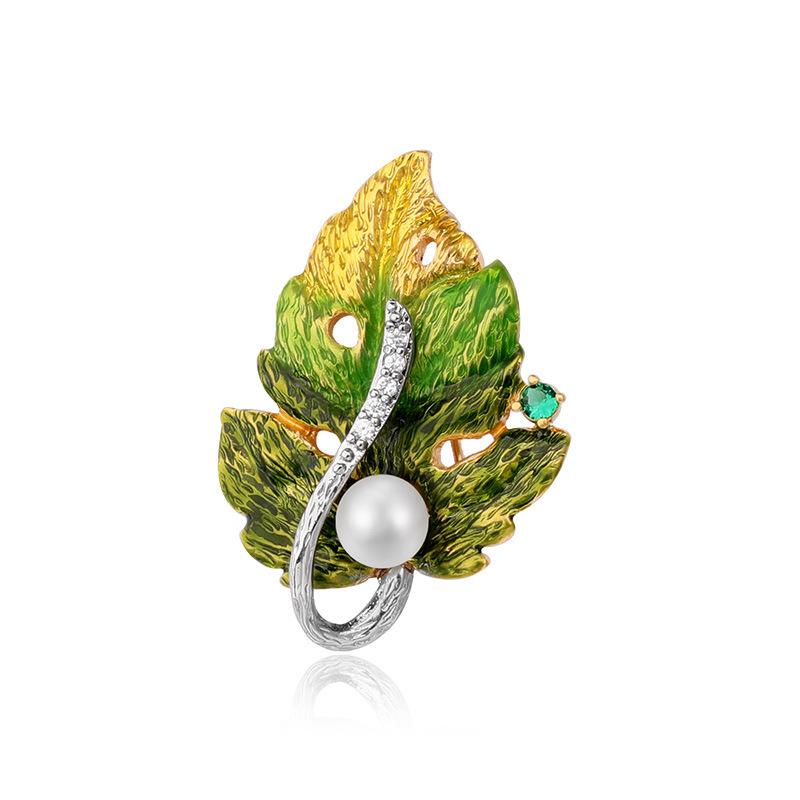 

Pins, Brooches Korean High-grade Enamel Art Leaf Inlaid Pearl Corsage Brooch For Women Wedding Pins Fashion Simple Collar Shirt Coat Jewelry, Gray