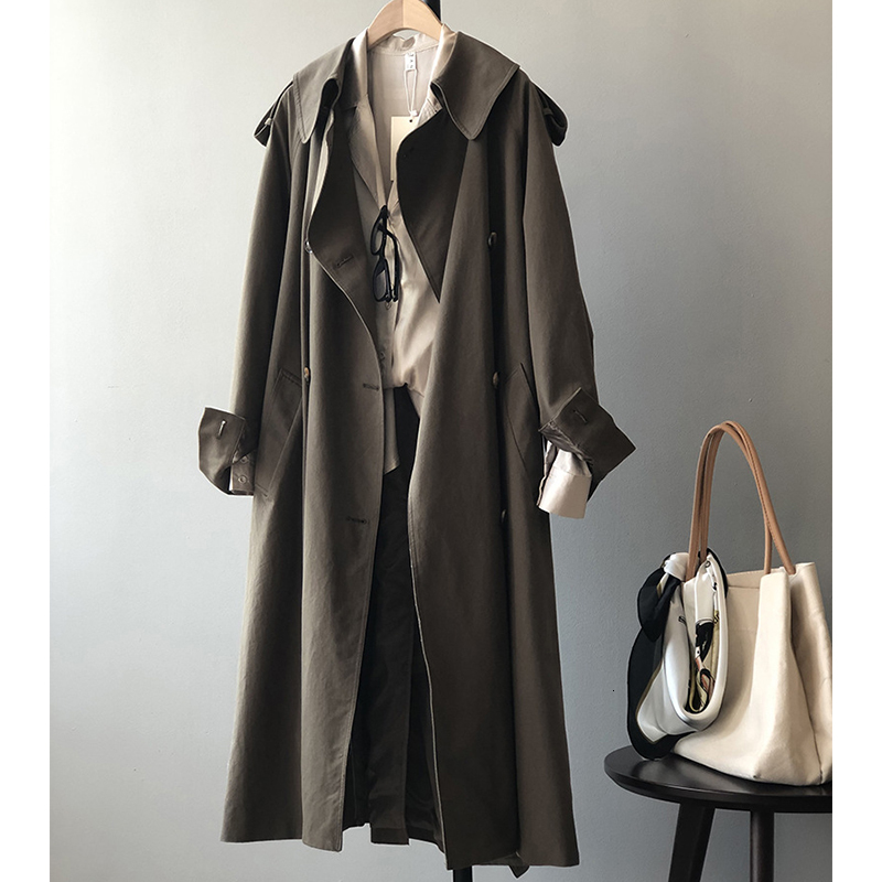 

2021 Green Big Turn-down Collar Bf France Elegant Belt Trench Long Coat Women Vintage Double Breasted New Office Lady 08sv, Army green