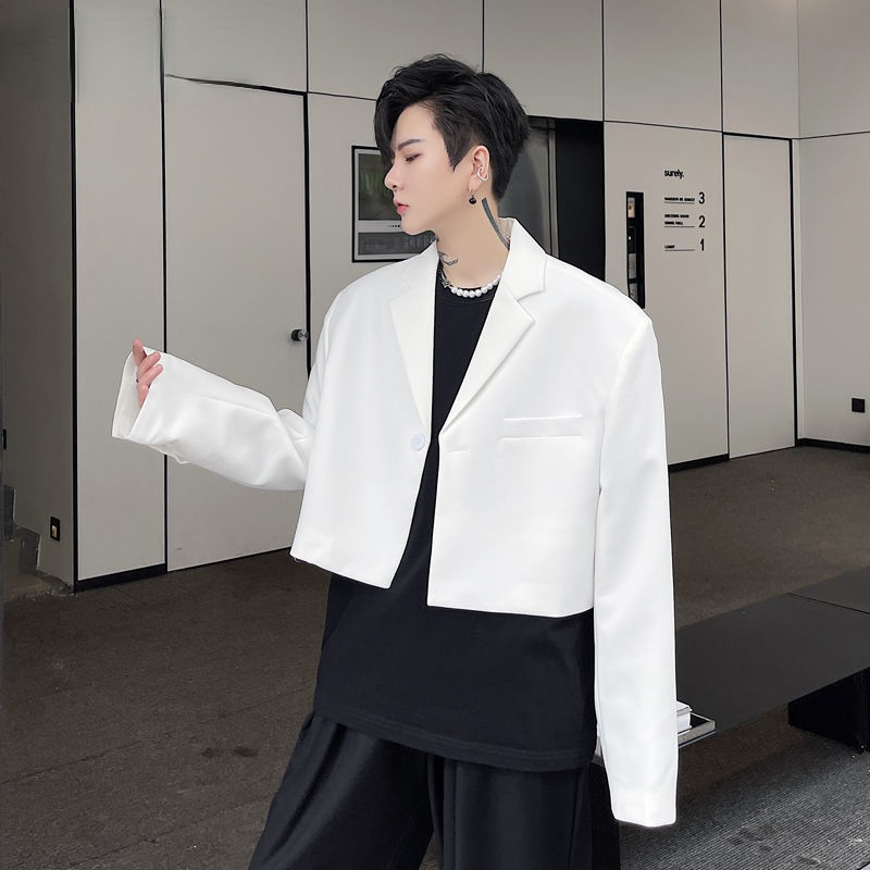 

2021 Autumn Solid Color Short Design Men's Suit Coat 2021 New Black White Single Button Blazer Korean Male Clothing, White;black