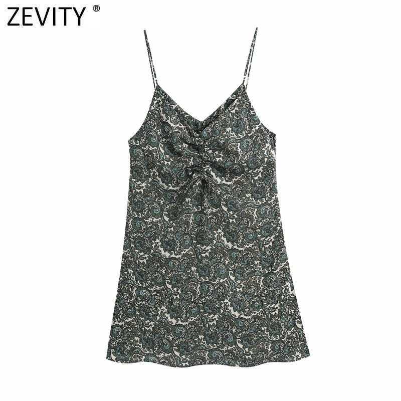 

Zevity Women Sexy Deep V Neck Drawstring Cashew Nut Print Sling Mini Dress Chic Femme Spaghetti Strap Club Party Vestidos DS8112 210603, As pic ds8112bb
