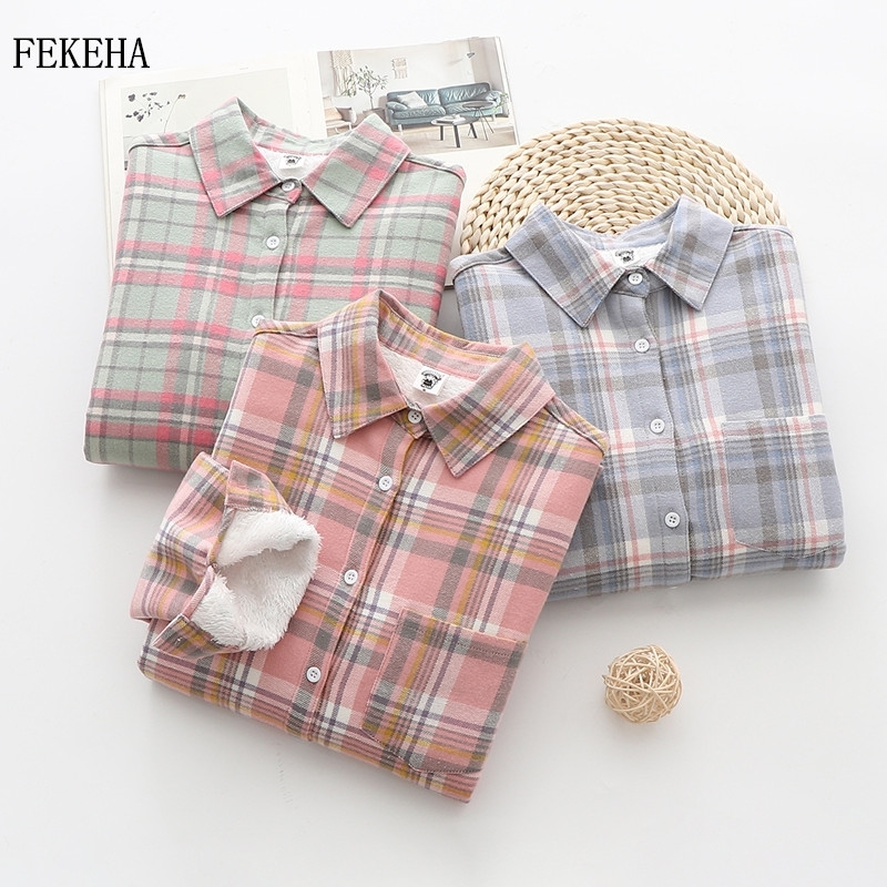 Winter Keep Warm Plaid Shirt Women Blouse Casual 100% Cotton Plus Thick Velvet Long Sleeve Ladies Female Tops Blusas 210225Z