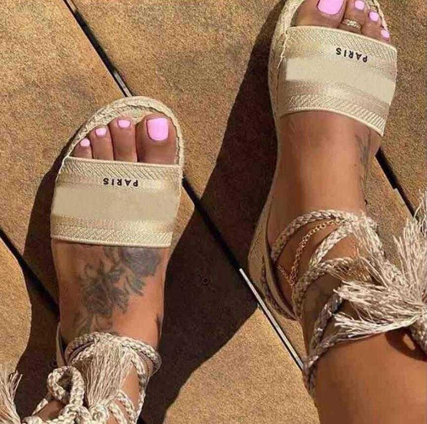 

Summer women's canvas shoes luxury sandals women low-heeled casual comfortable sandal designer ankle lace-up beach slippers female plus size41 42, Dark blue