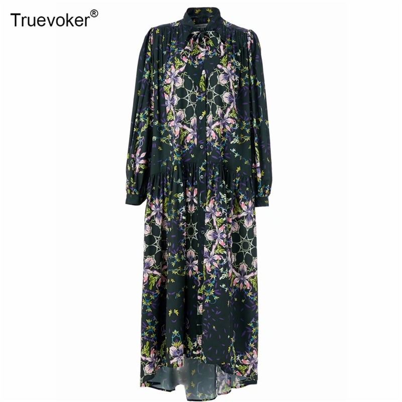 

Truevoker Runway Holiday Loose Maxi Long Dres Sleeve Elegant Flower Printed Resort Ankle Length Boho Robe 210602, Black