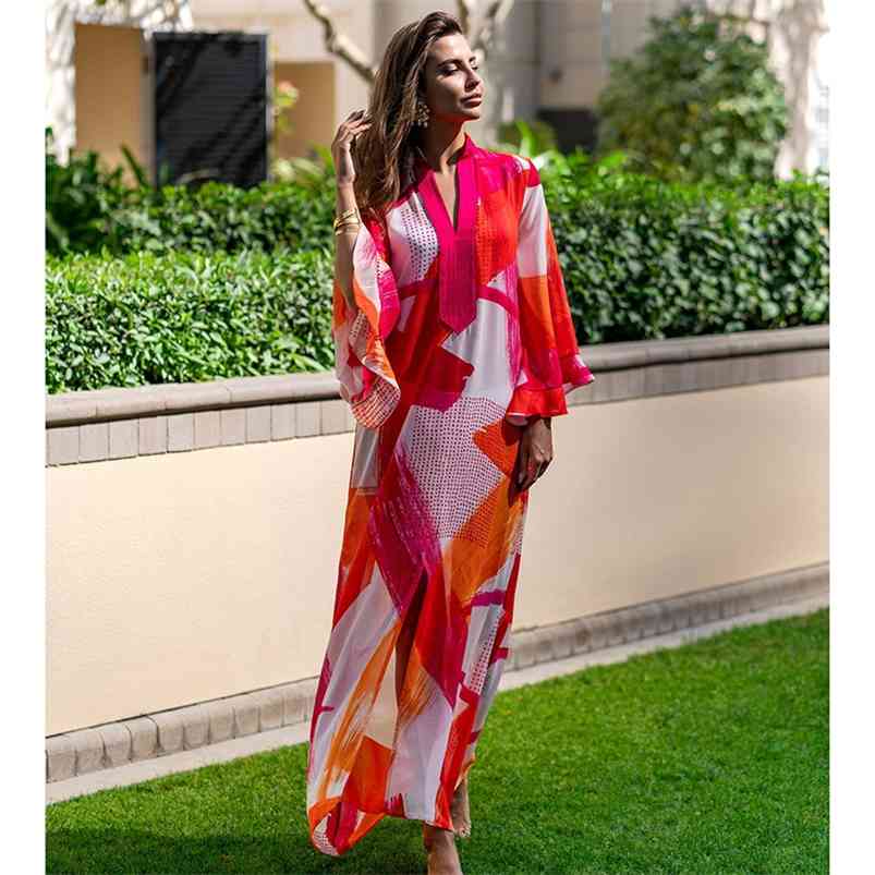 

Plus size Chiffon Beach Cover up Maxi Dress Robe Plage Sarong Vestido Playa wear Bikini Bathing suit Women 210629, Red