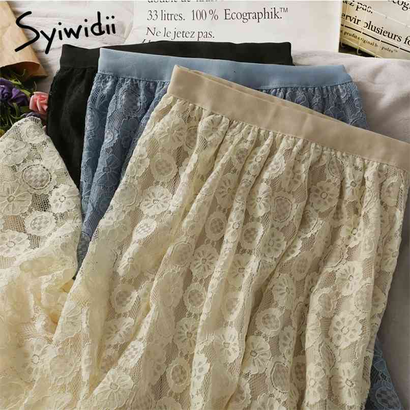 

Hollow Out Lace Skirt Women High Waist Mid-Calf Solid Back Casual A-Line Spring Summer Korean Fashion Skirts 210607, Beige
