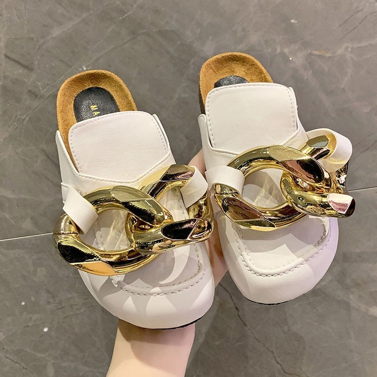 

luxury slippers baotou half slipper's 2021 spring exterior fashion metal chain large 41-42slippers, Black