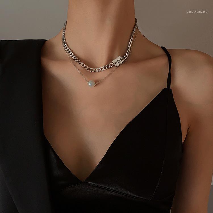 

Chains Hip Hop Punk Double Layer Letter Square Tag Imitation Pearl Titanium Steel Necklace For Women Metal Party Jewelry