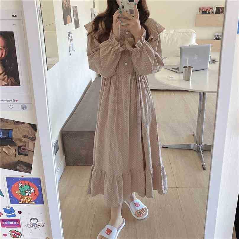 

Nightdress Gentle Korean Polka Dot Cotton Homewear Soft Casual Loose Fashion Long Sleeves Pajamas Set 210525, Khaki