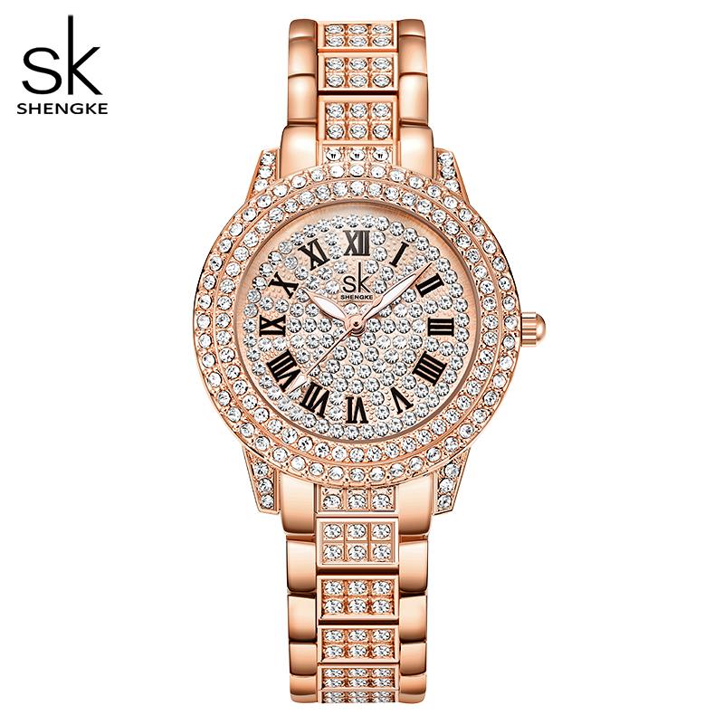 

Wristwatches SHENGKE Womens Watch Top Luxury Full Rhinestone Rosegold Quartz Wristwatch Stainless Steel Gift Watches Relojes De Mujer