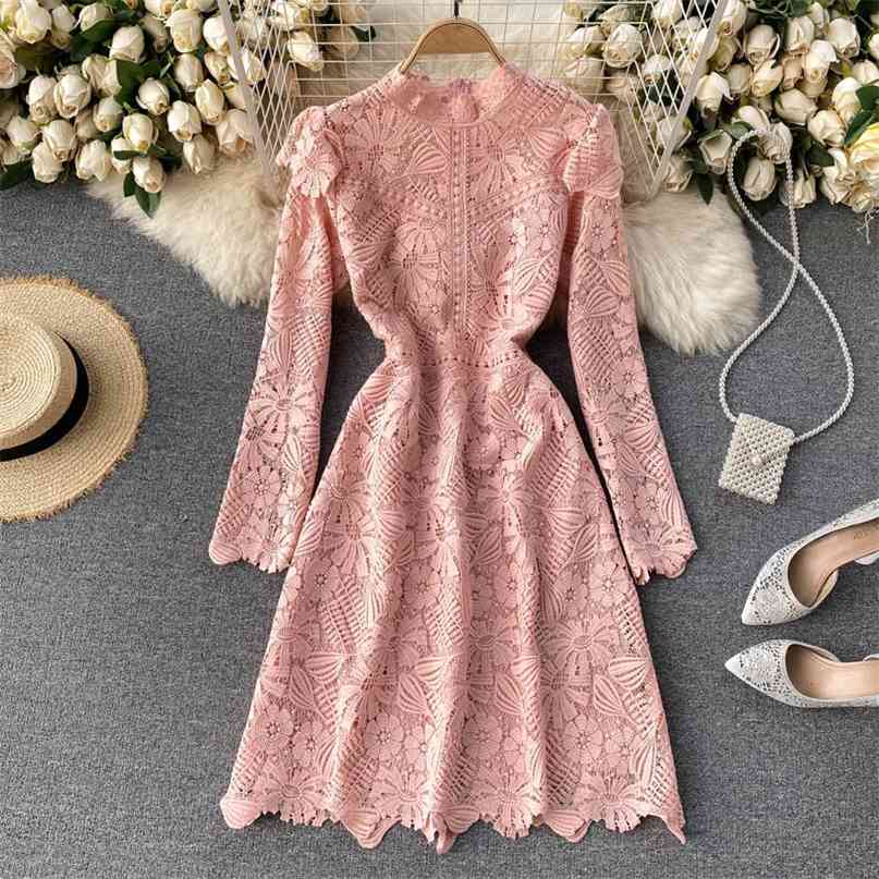 

Fashion Spring Autumn Long Sleeve Lace Dress Women Elegant Korean Style O-neck Pink Hollow Out A-line Party 210603, Black