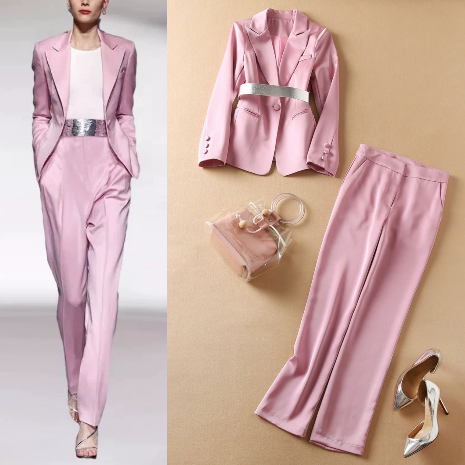 

High-quality office lady suits pink blazer + high-waist pants with belt, As picture